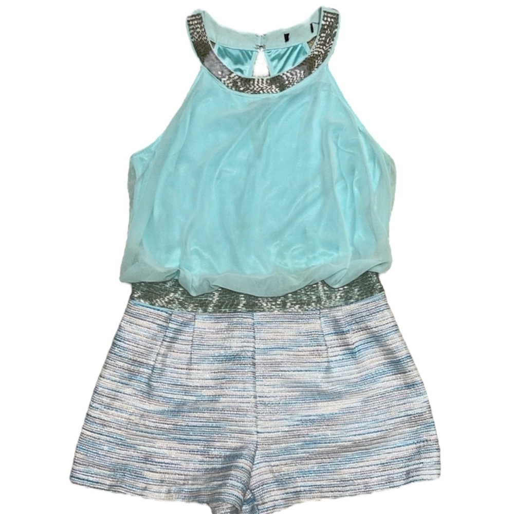 Lovposh Silver Bead Embellished Halter Romper Chiffon & Striped Shorts Sz Large